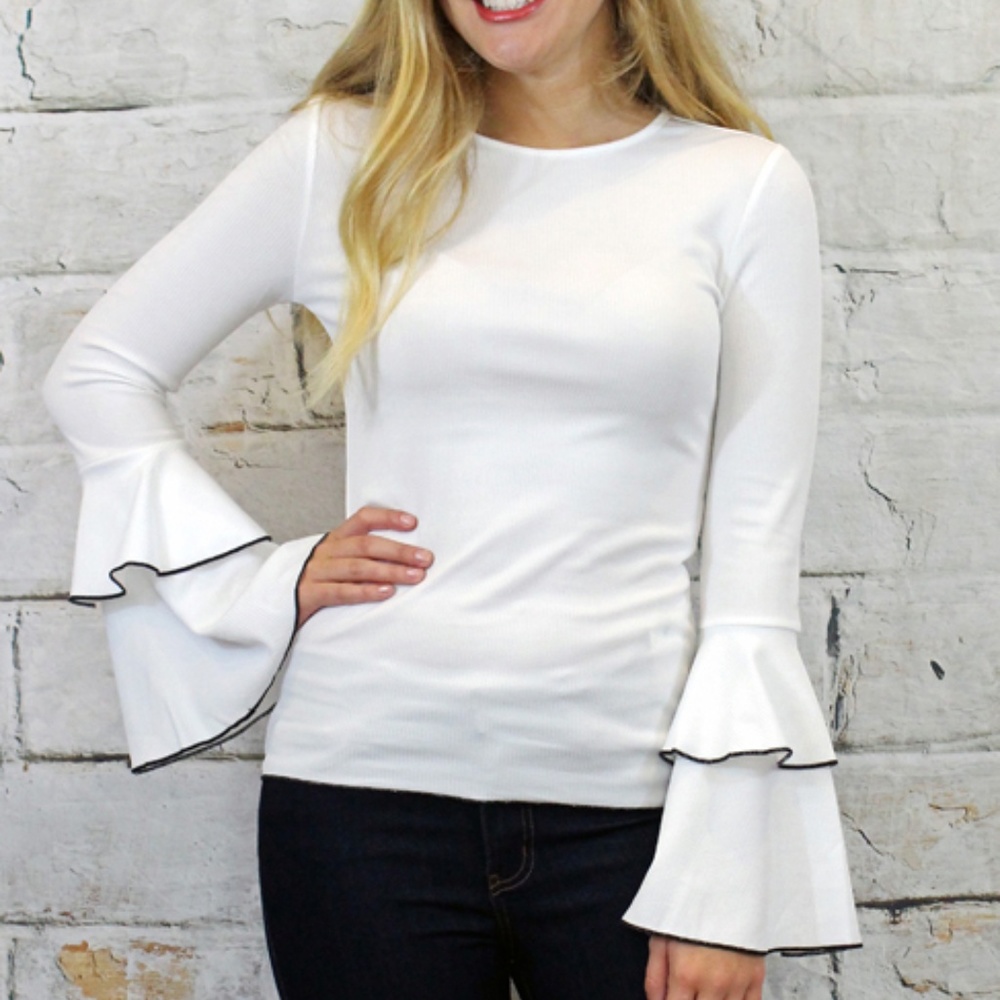 Ribbed Knit Ruffle Sleeve Top In White